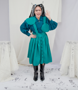 Abacus pinafore dress and puffed sleeve uniform shirt