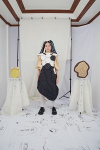 Ring of trees vest, puffed sleeve shirt, 2D swirly blob puzzle skirt
